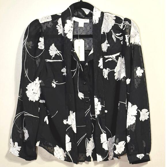 Monteau Black and White Floral Tie V-neck
Swiss Dot Blouse Size Medium NWT - Picture 1 of 8